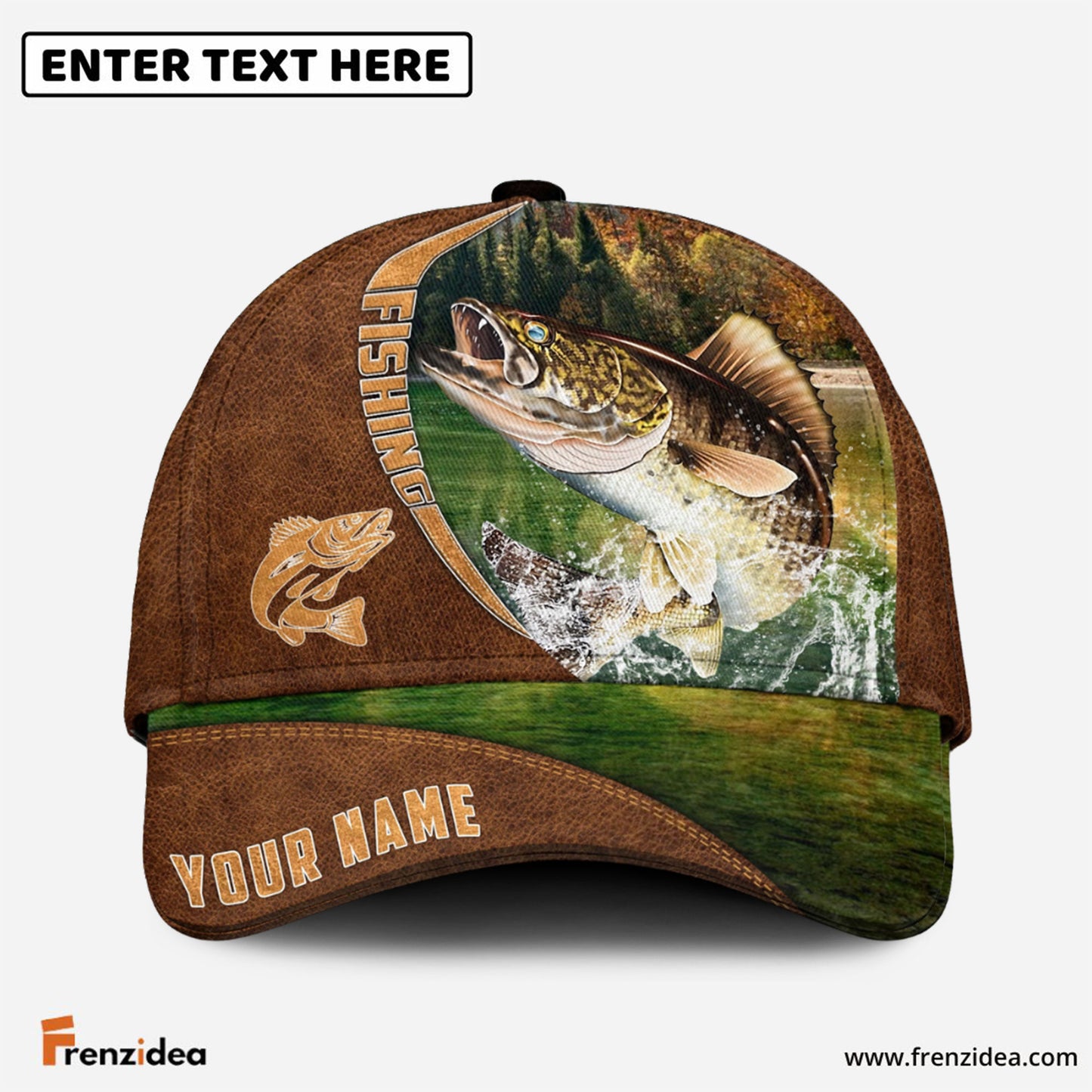 Frenzidea Personalized Fishing Brown Cap (Bass, Striped Bass, Catfish, Trout, Crappie, Salmon, Walleye, Pike)