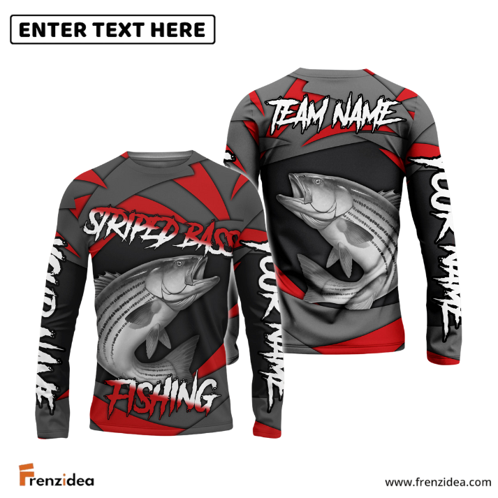 Frenzidea Striped Bass Fishing Red Gray Spinning Pattern Custom Name & Team Name 3D Shirts