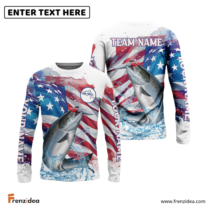Frenzidea Salmon Fishing Watercolor USA Flag Custom Name & Team Name Shirts