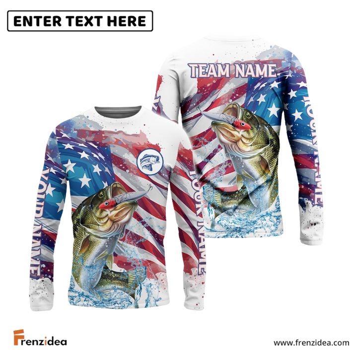 Frenzidea Bass Fishing Watercolor USA Flag Custom Name & Team Name Shirts