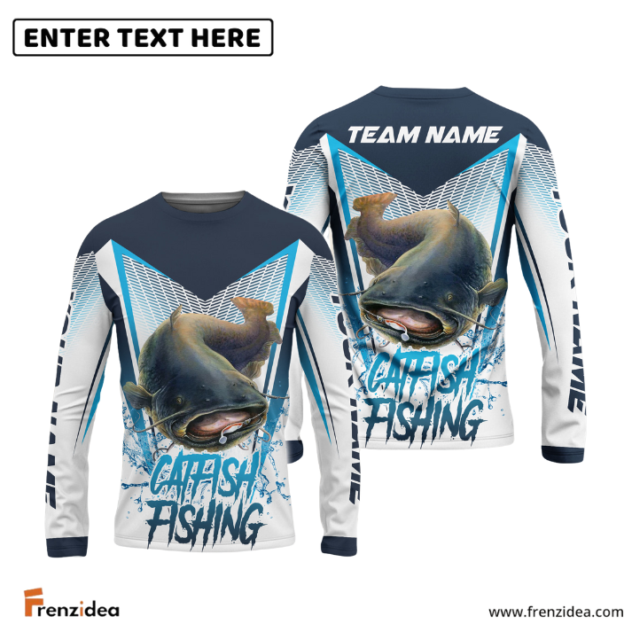 Frenzidea Catfish Fishing White Blue Camo Sport Custom Name & Team Name 3D Shirts
