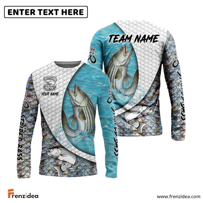 Frenzidea Striped Bass Fishing White Skin Diagonal Custom Name & Team Name 3D Shirts