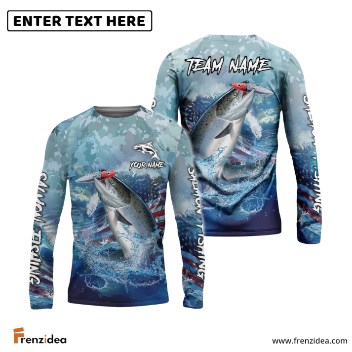 Frenzidea Salmon Fishing American Flag Seawave Custom Name & Team Name 3D Shirts