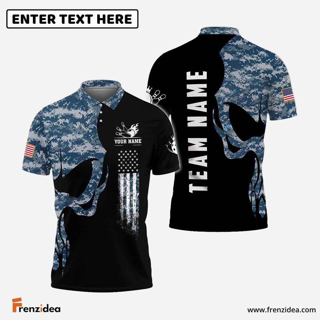 Frenzidea Bowling And Pins Skull Army Flag Custom Multicolor Customized Name 3D Shirt ( 4 Colors )