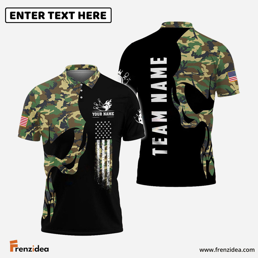 Frenzidea Bowling And Pins Skull Army Flag Custom Multicolor Customized Name 3D Shirt ( 4 Colors )