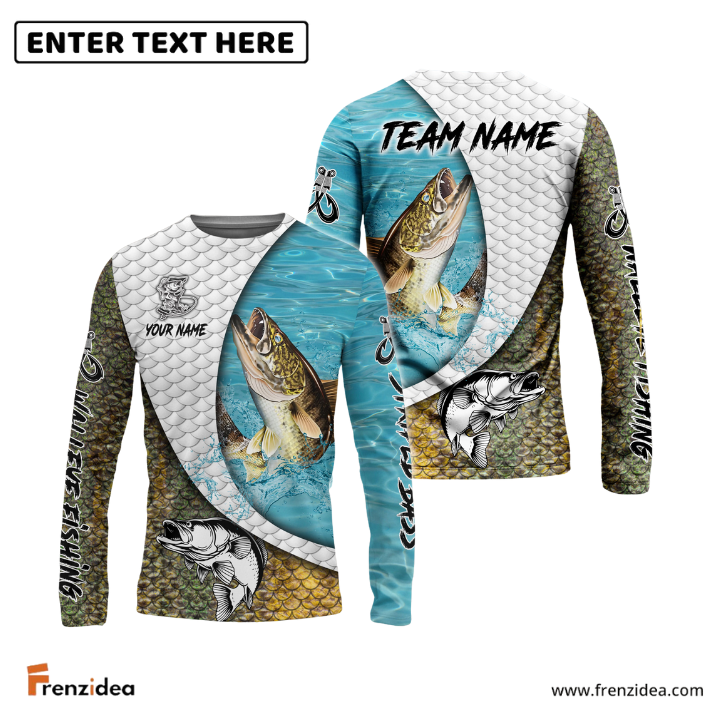 Frenzidea Walleye Fishing White Skin Diagonal Custom Name & Team Name 3D Shirts