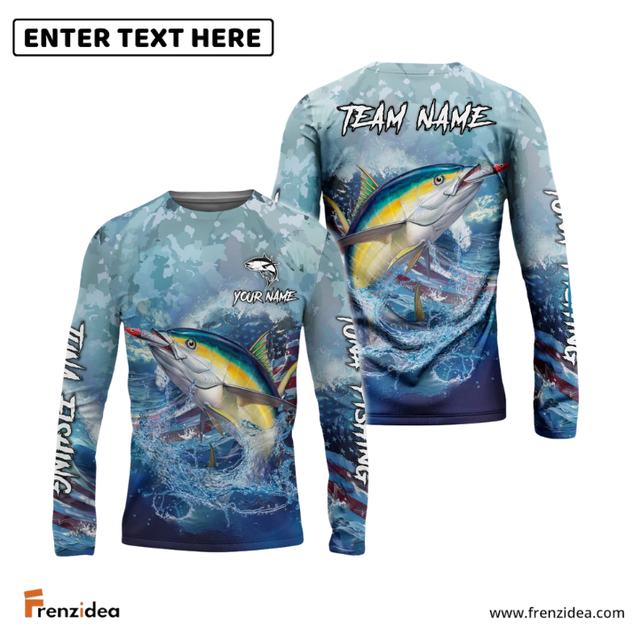 Frenzidea Tuna Fishing American Flag Seawave Custom Name & Team Name 3D Shirts