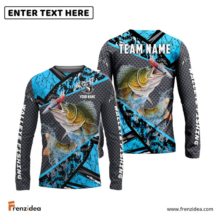 Frenzidea Walleye Fishing Blue Camo 2 Sport Custom Name & Team Name 3D Shirts