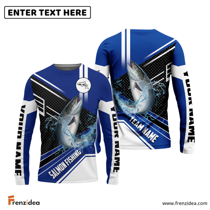 Frenzidea Salmon Fishing Blue White Sport Custom Name & Team Name 3D Shirts