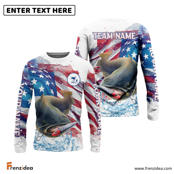 Frenzidea Catfish Fishing Watercolor USA Flag Custom Name & Team Name Shirts