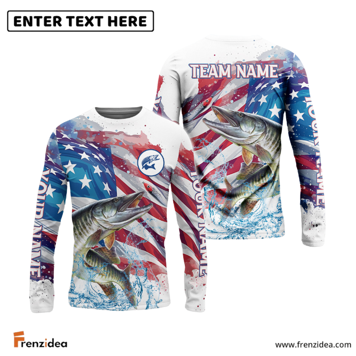 Frenzidea Musky Fishing Watercolor USA Flag Custom Name & Team Name Shirts