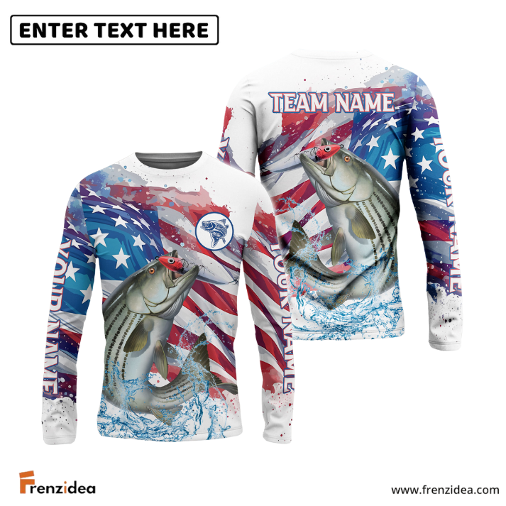 Frenzidea Striped Bass Fishing Watercolor USA Flag Custom Name & Team Name Shirts