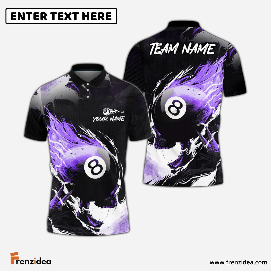 Frenzidea Billiards Ball 8 Comic Fire Skull Personalized Name & Team Name Shirt for Women (4 Colors)