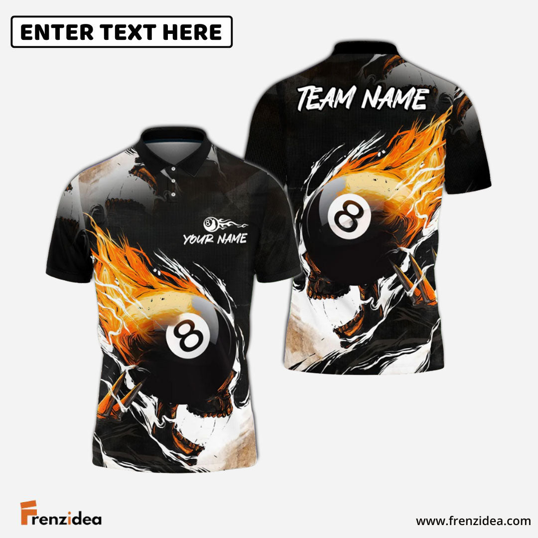 Frenzidea Billiards Ball 8 Comic Fire Skull Personalized Name & Team Name Shirt for Women (4 Colors)