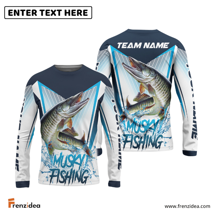Frenzidea Musky Fishing White Blue Camo Sport Custom Name & Team Name 3D Shirts