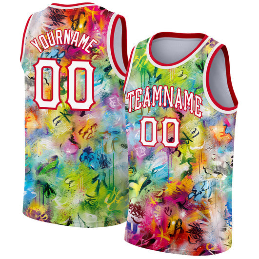 Frenzidea Custom Scratch Graffiti Pattern White-Red 3D Authentic Basketball Jersey