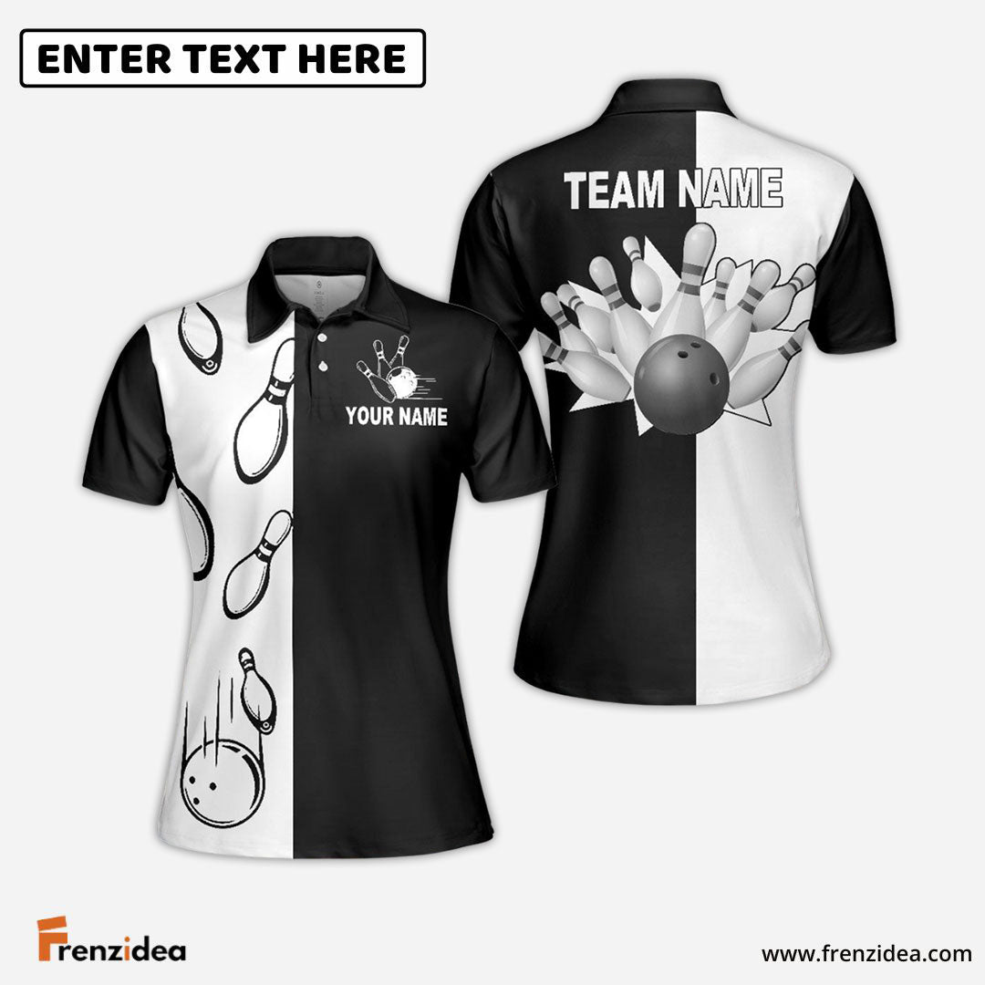 Frenzideas Bowling Black And White Customized Name, Team Name 3D Shirt for Women