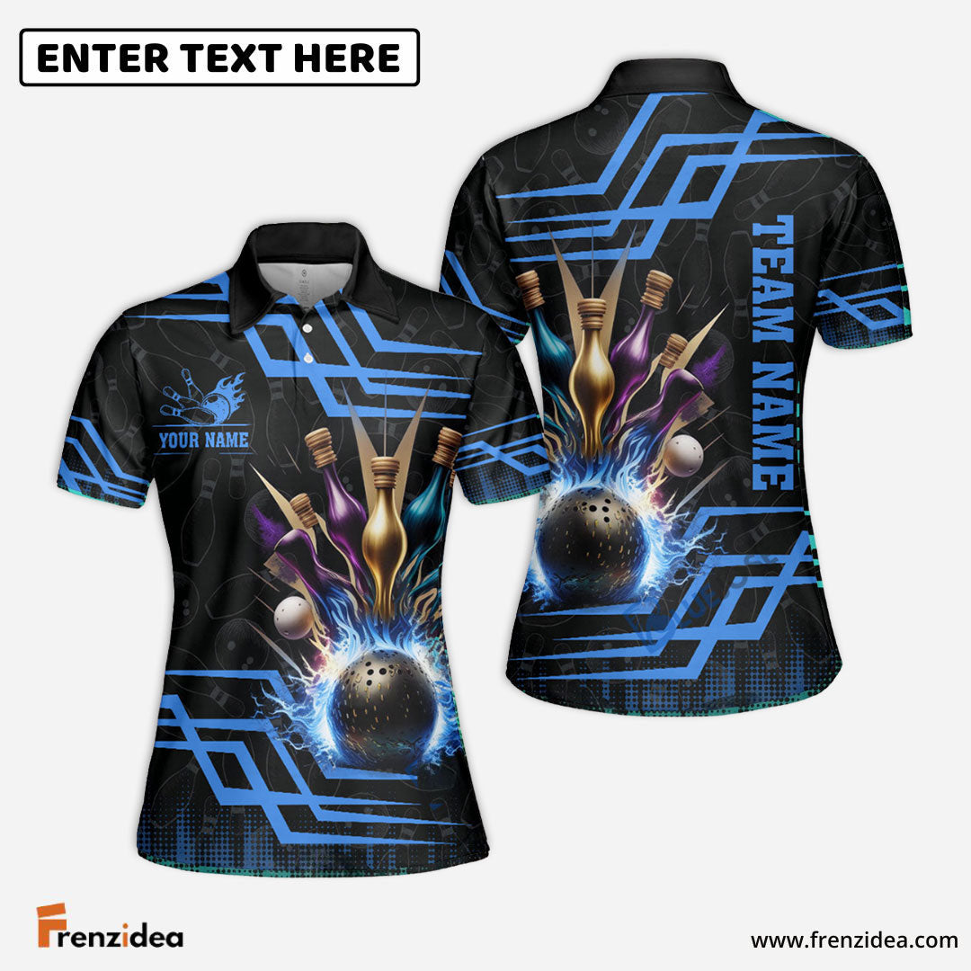 Frenzideas Bowling And Pins Royal Multicolor Option Customized Name 3D Shirt for Women (4 Colors)