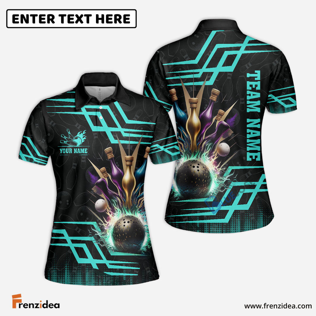 Frenzideas Bowling And Pins Royal Multicolor Option Customized Name 3D Shirt for Women (4 Colors)