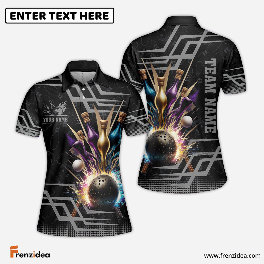 Frenzideas Bowling And Pins Royal Multicolor Option Customized Name 3D Shirt for Women (4 Colors)