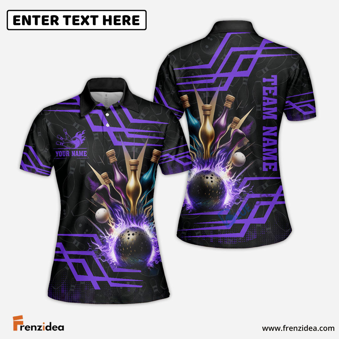 Frenzideas Bowling And Pins Royal Multicolor Option Customized Name 3D Shirt for Women (4 Colors)