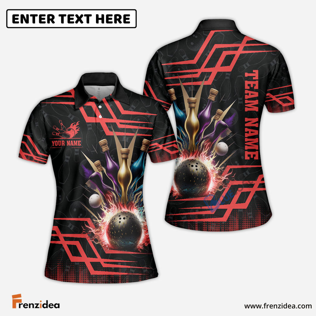 Frenzideas Bowling And Pins Royal Multicolor Option Customized Name 3D Shirt for Women (4 Colors)