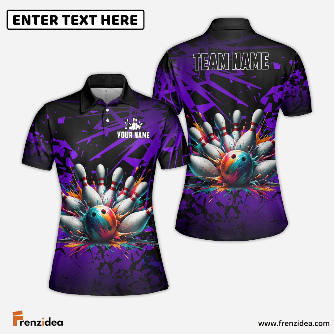 Frenzideas Bowling And Pins Diamond Broken Customized Name 3D Shirt for Women (4 Colors)