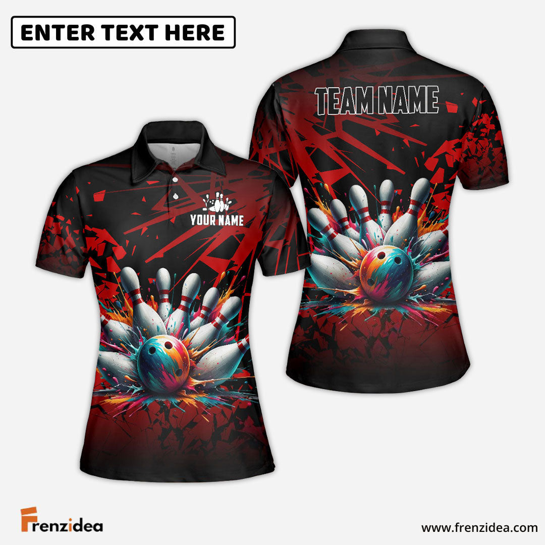 Frenzideas Bowling And Pins Diamond Broken Customized Name 3D Shirt for Women (4 Colors)