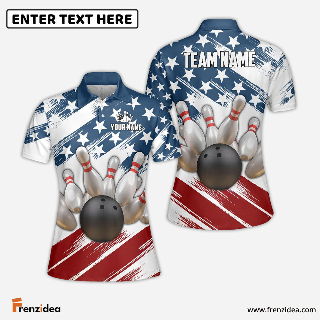 Frenzideas Bowling US Flag Customized Name, Team Name 3D Shirt for Women (4 Colors)