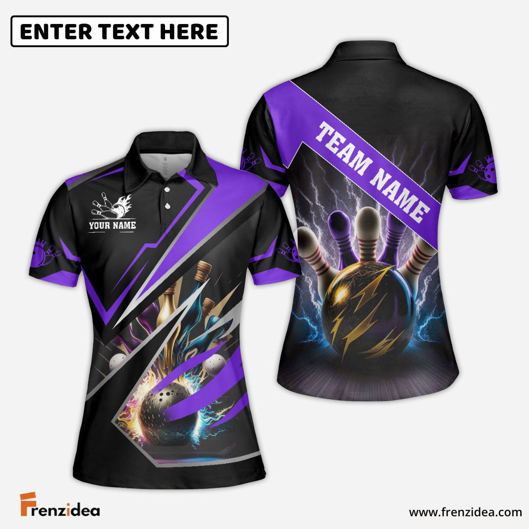 Frenzideas Bowling And Pins Premium Multicolor Customized Name 3D Shirt for Women (4 Colors)