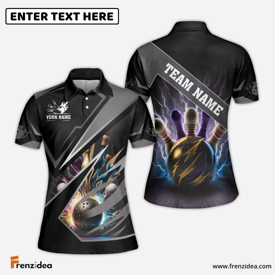 Frenzideas Bowling And Pins Premium Multicolor Customized Name 3D Shirt for Women (4 Colors)