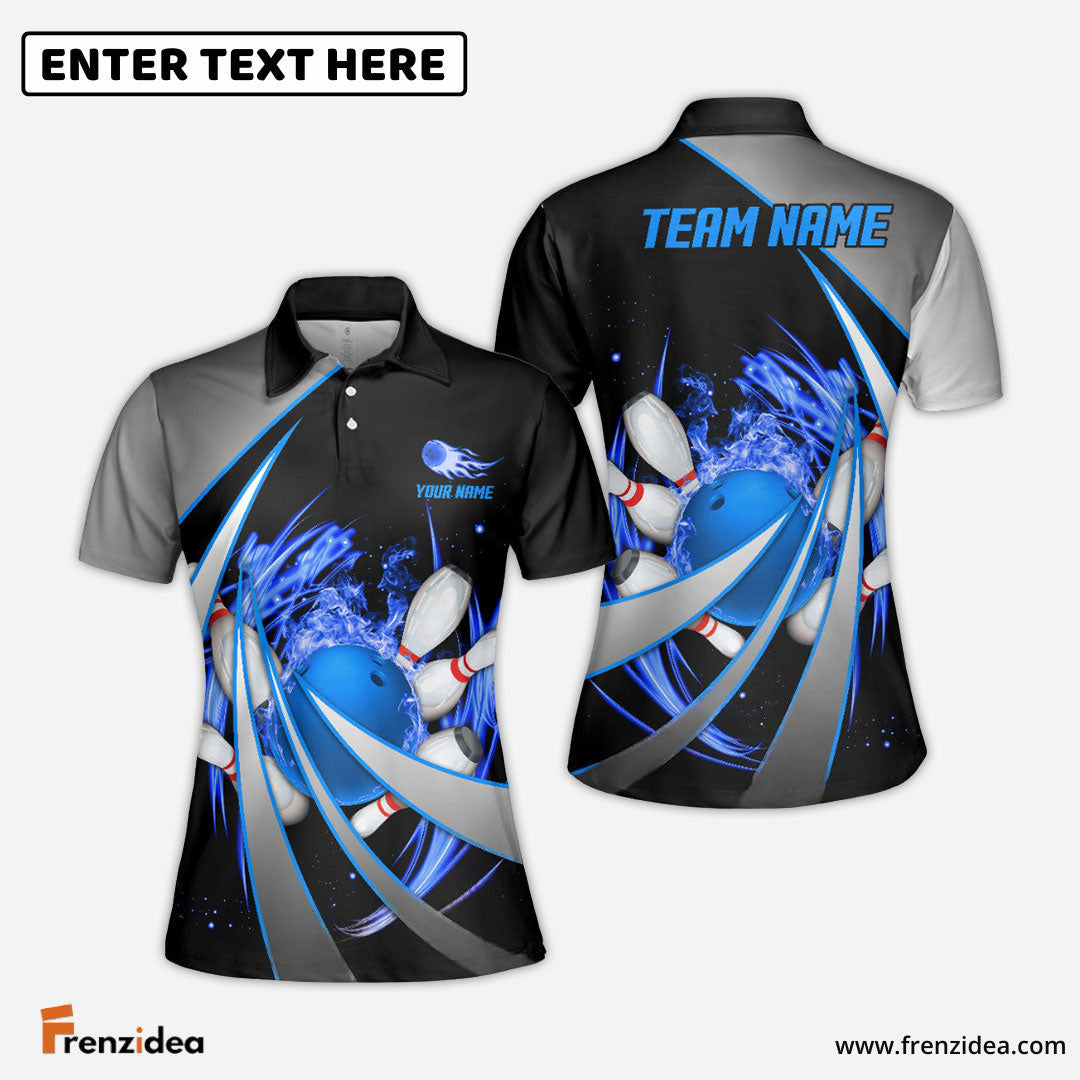 Frenzideas Flame Bowling And Pins Tornado Pattern Multicolor Customized Name 3D Shirt for Women