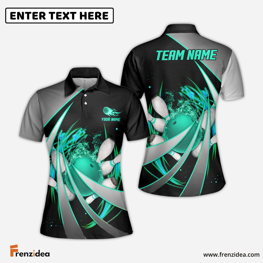 Frenzideas Flame Bowling And Pins Tornado Pattern Multicolor Customized Name 3D Shirt for Women