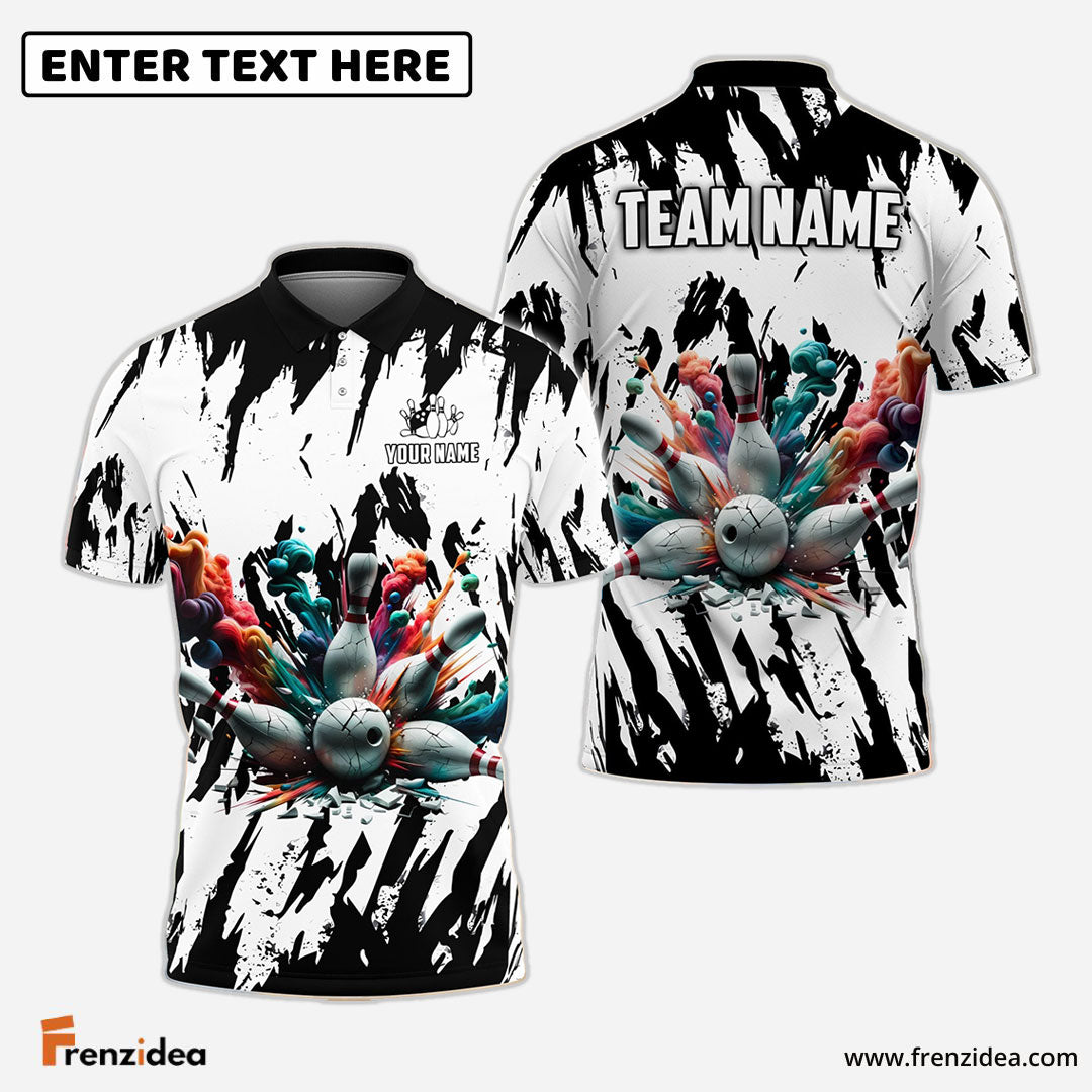 Frenzideas Bowling And Pins Ink Broken Pattern Customized Name 3D Shirt (5 Colors)