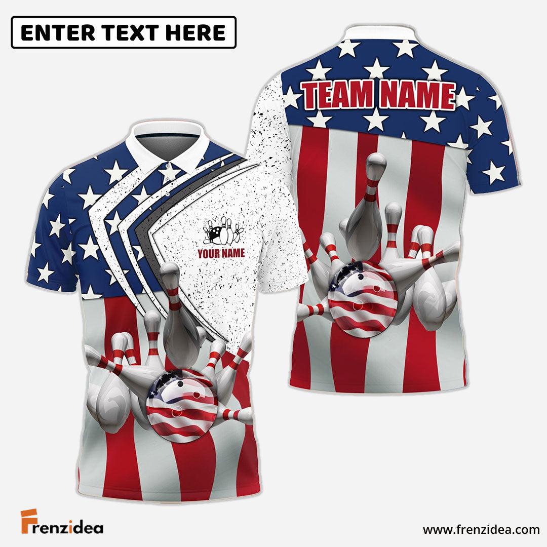 Frenzidea Bowling and Pins Lightning American Flag Personalized Name 3D Shirt