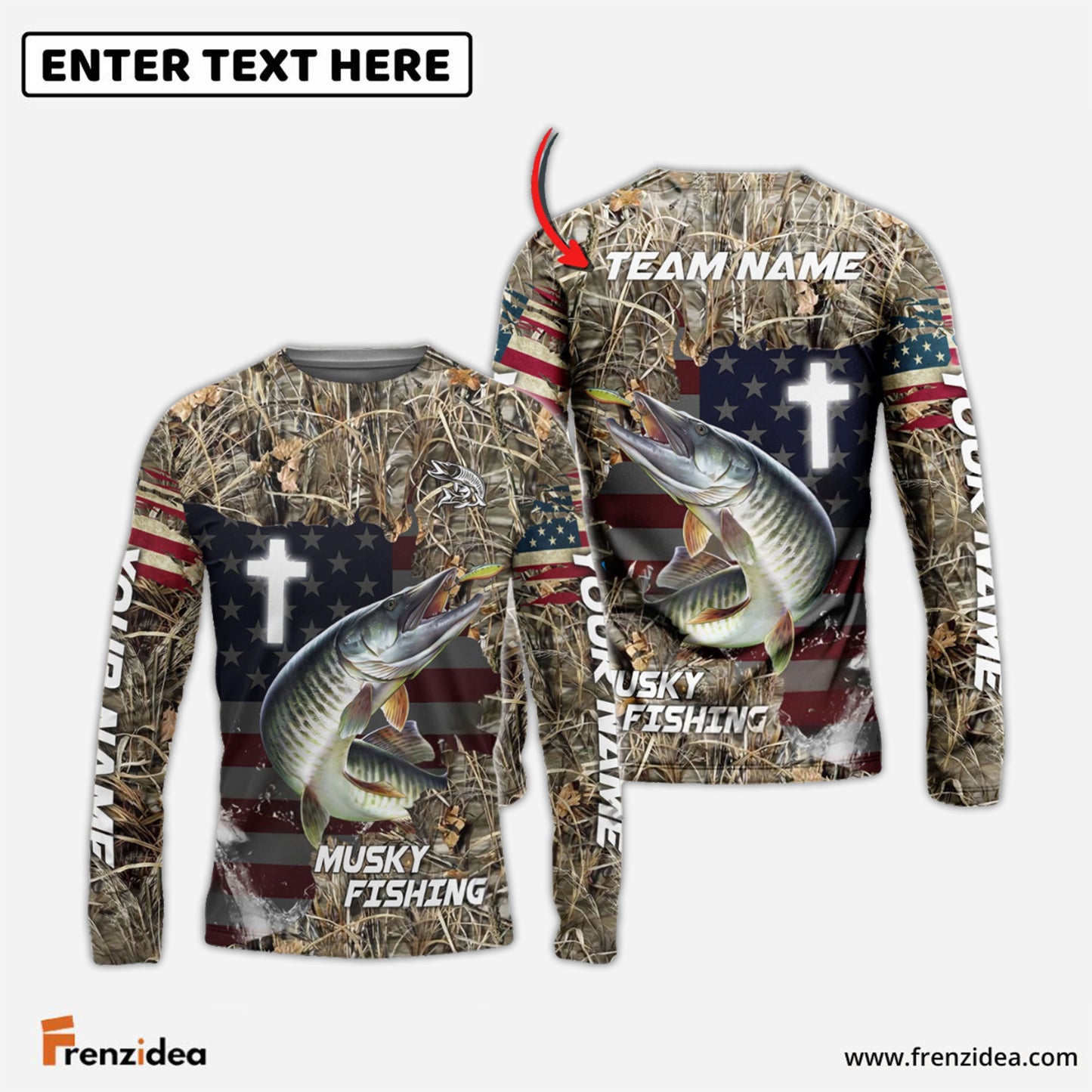 Frenzidea Musky Fishing Cross Camo Custom Name & Team Name 3D Shirts