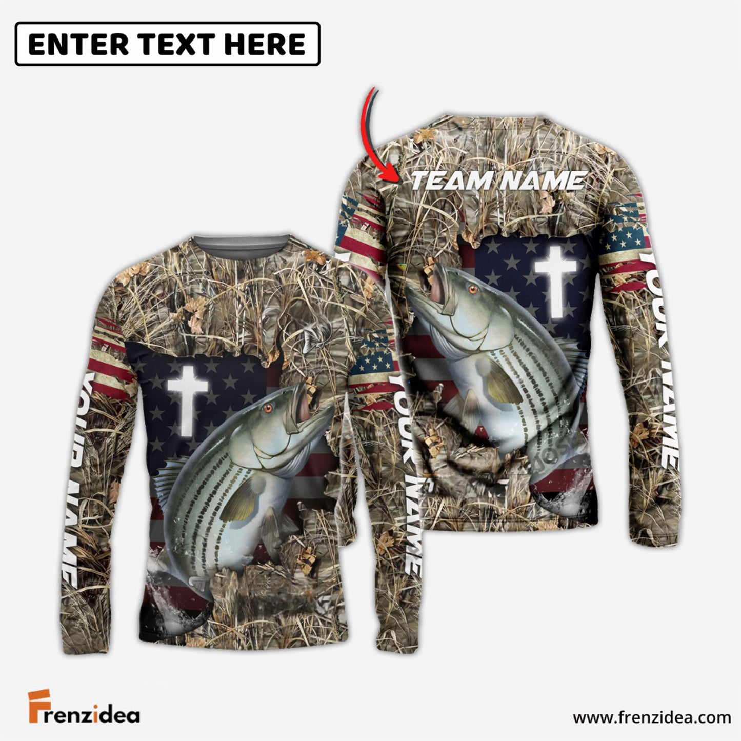 Frenzidea Striped Bass Fishing Cross Camo Custom Name & Team Name 3D Shirts
