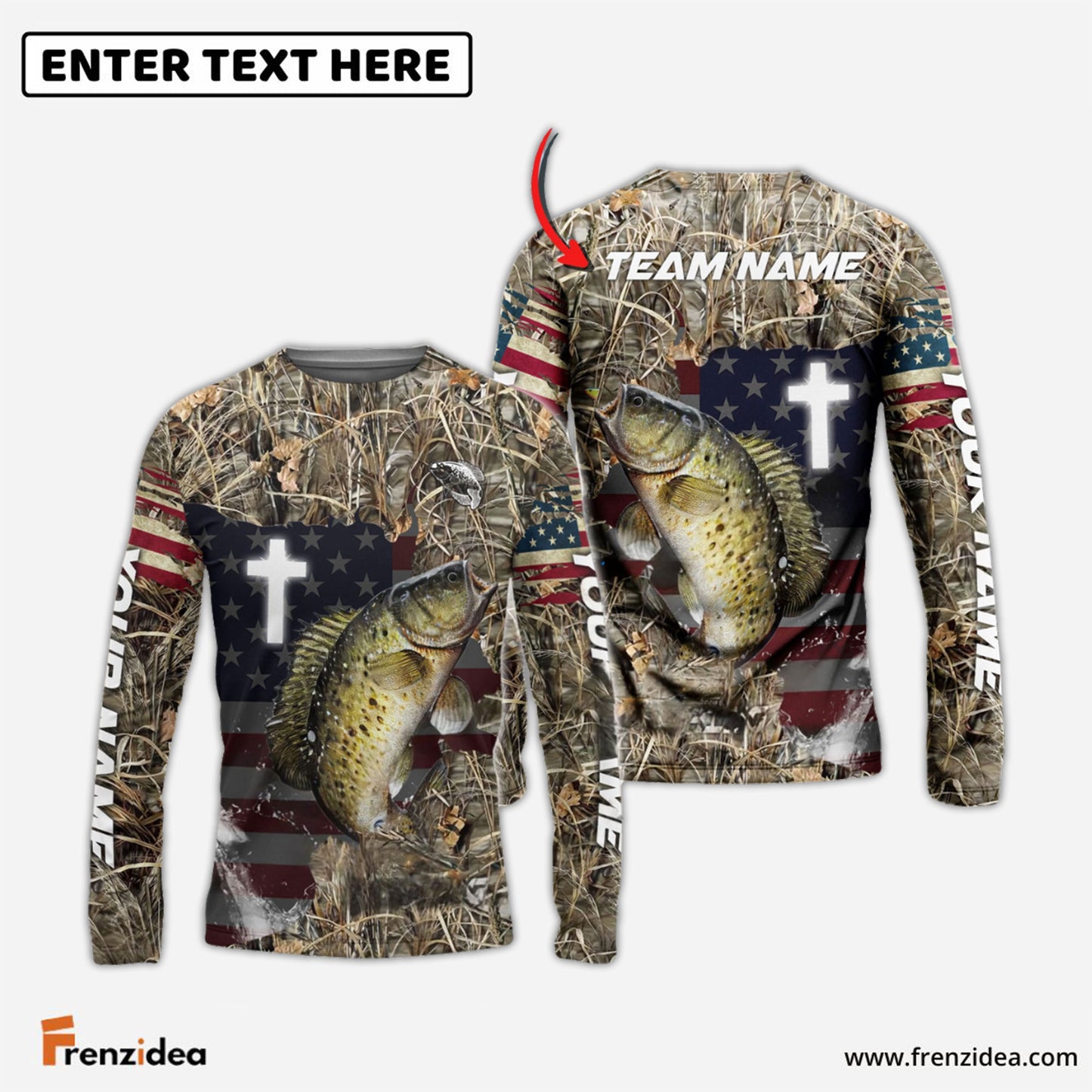 Frenzidea Crappie Fishing Cross Camo Custom Name & Team Name 3D Shirts