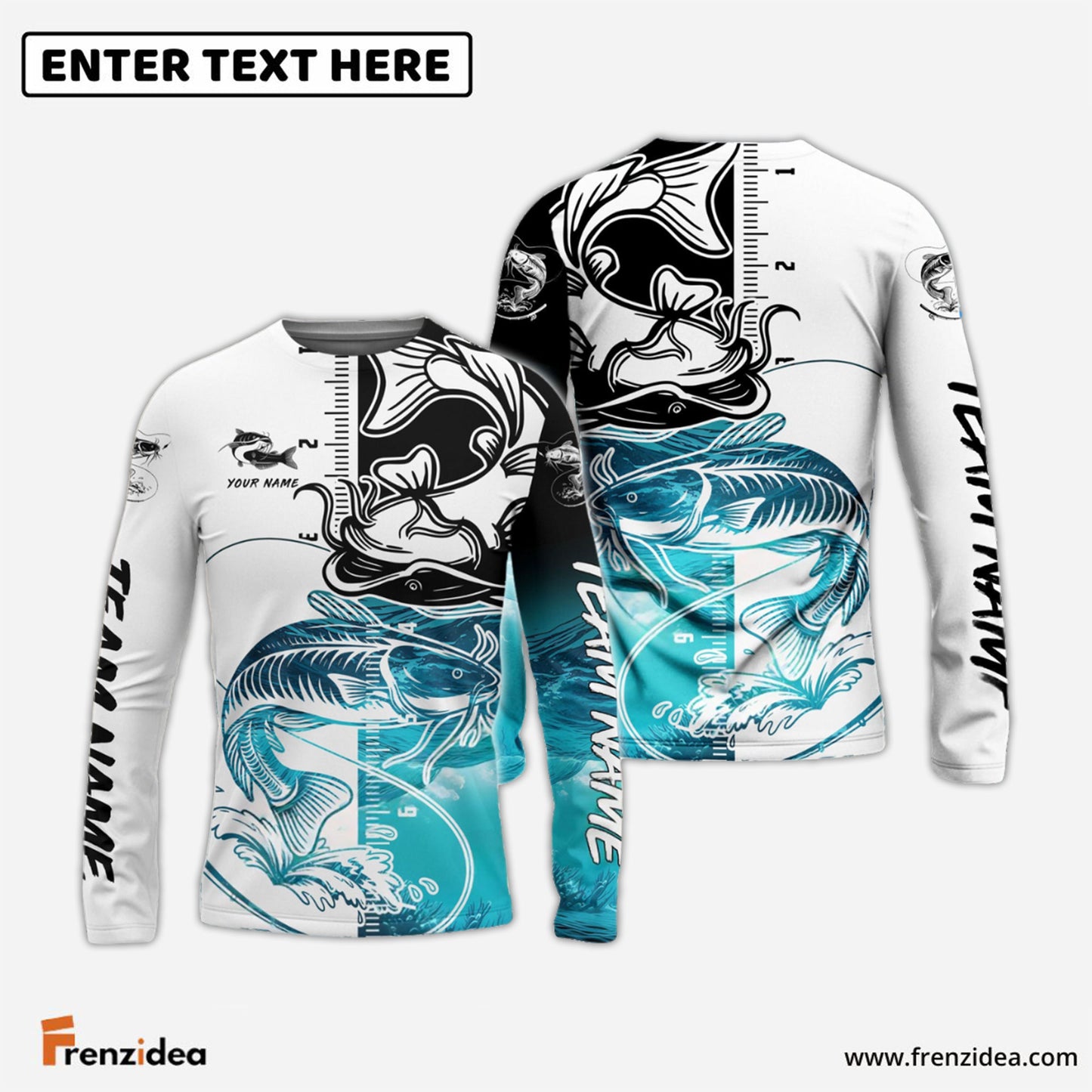 Frenzidea Catfish Fishing White Blue Water Custom Name & Team Name 3D Shirts