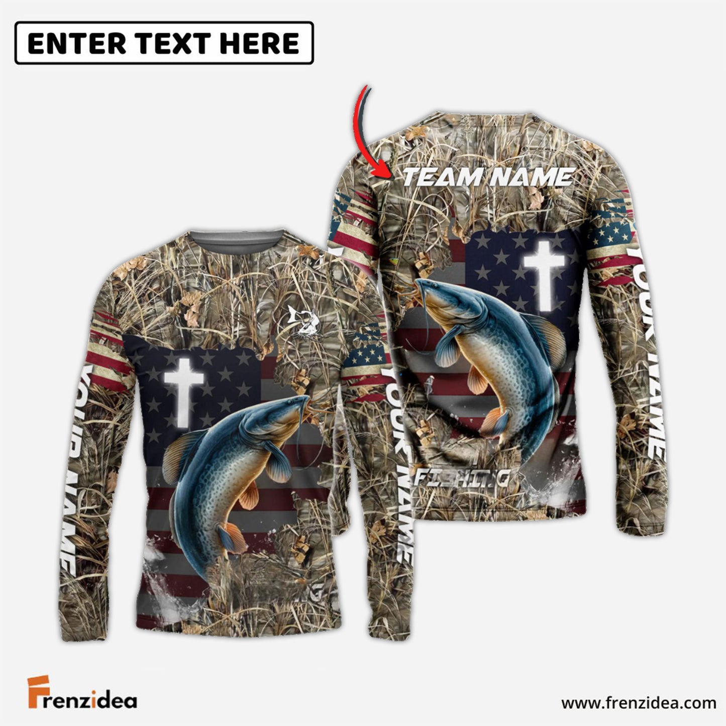 Frenzidea Catfish Fishing Cross Camo Custom Name & Team Name 3D Shirts