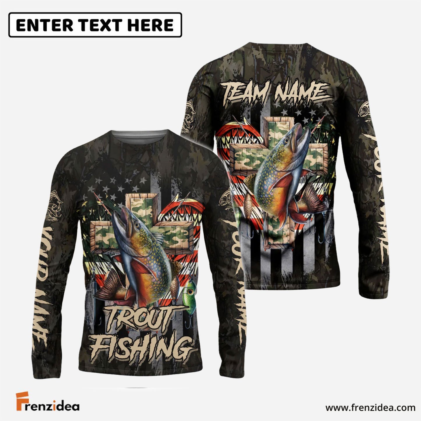 Frenzidea Trout Fishing American Flag Camo Cross Gear Custom Name & Team Name 3D Shirts