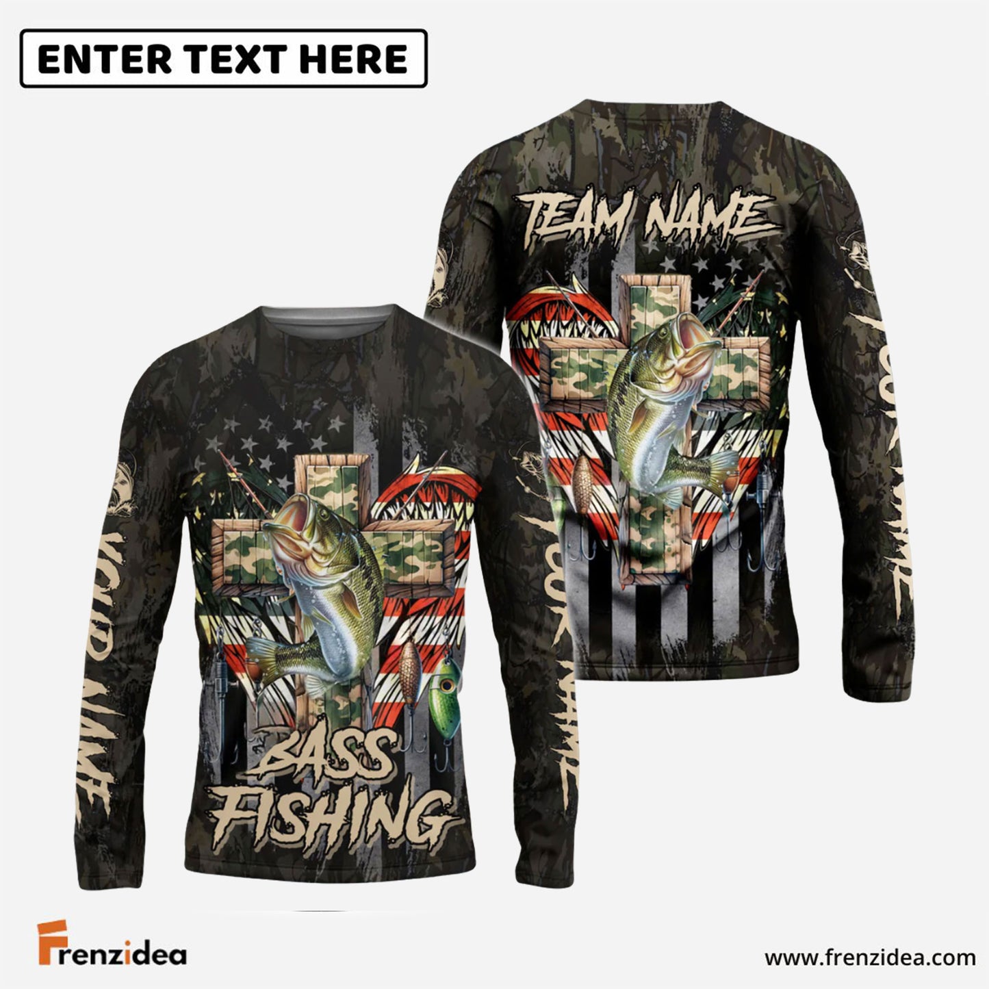 Frenzidea Bass Fishing American Flag Camo Cross Gear Custom Name & Team Name 3D Shirts