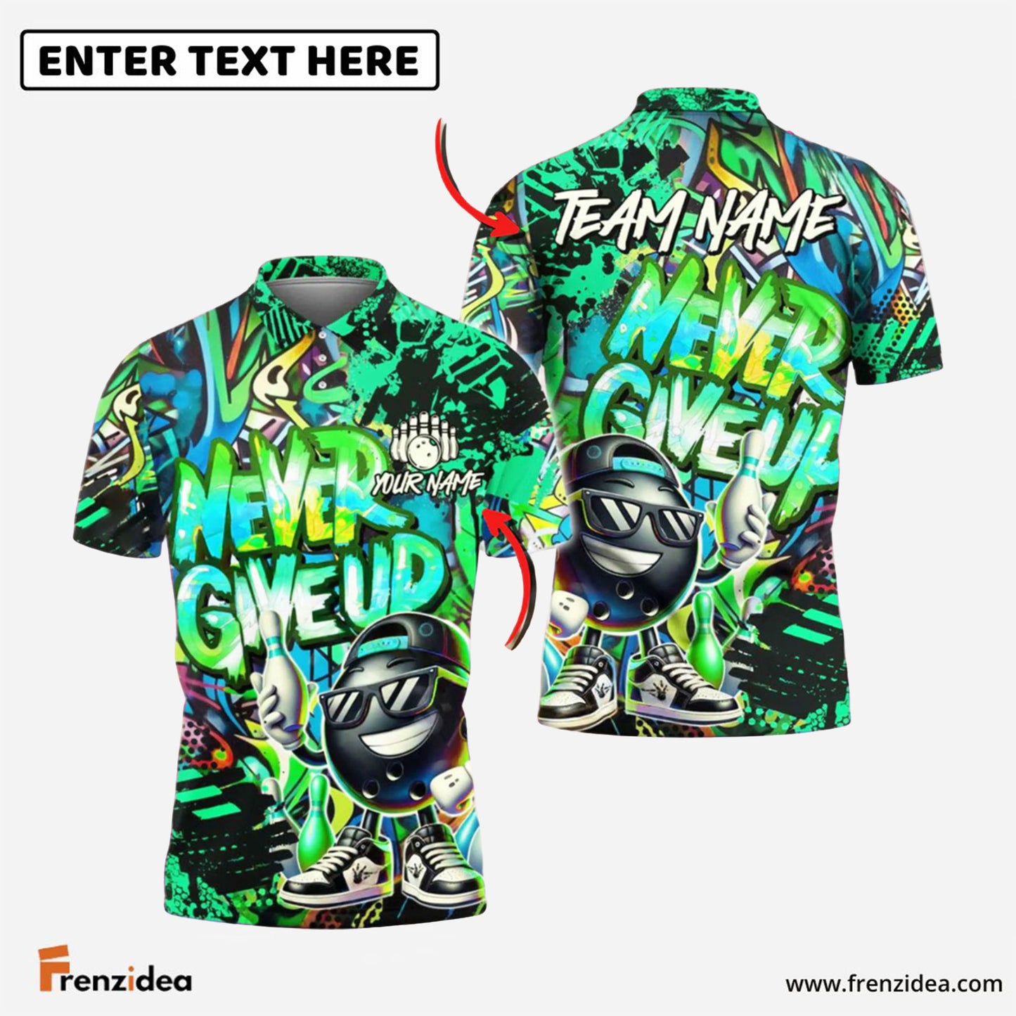Frenzidea Bowling And Pins Funny Never Give Up Graffiti Pattern Customized Name, Team Name 3D Shirt (4 Colors)