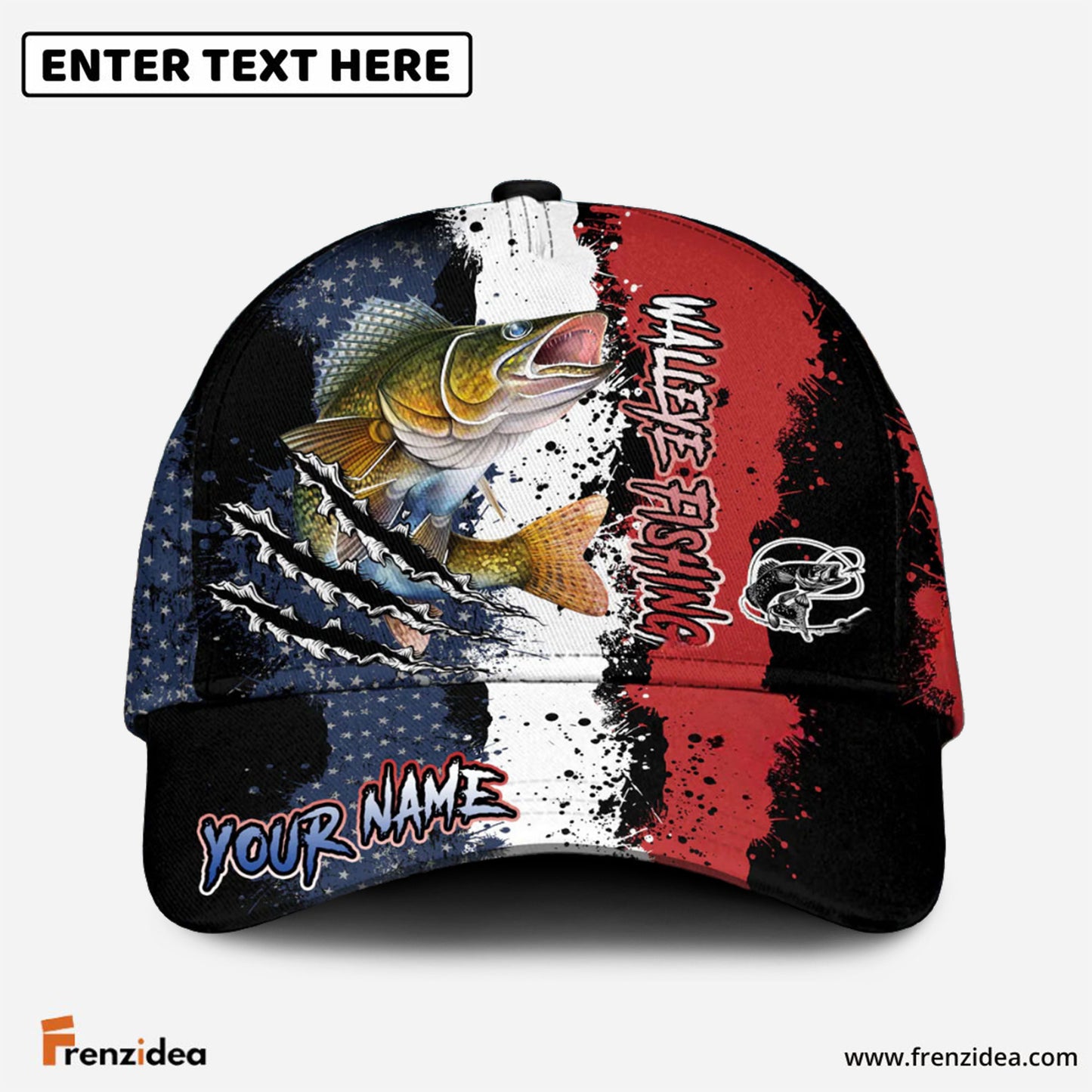 Frenzidea Walleye Fishing Paint Scratch American Flag Personalized Cap