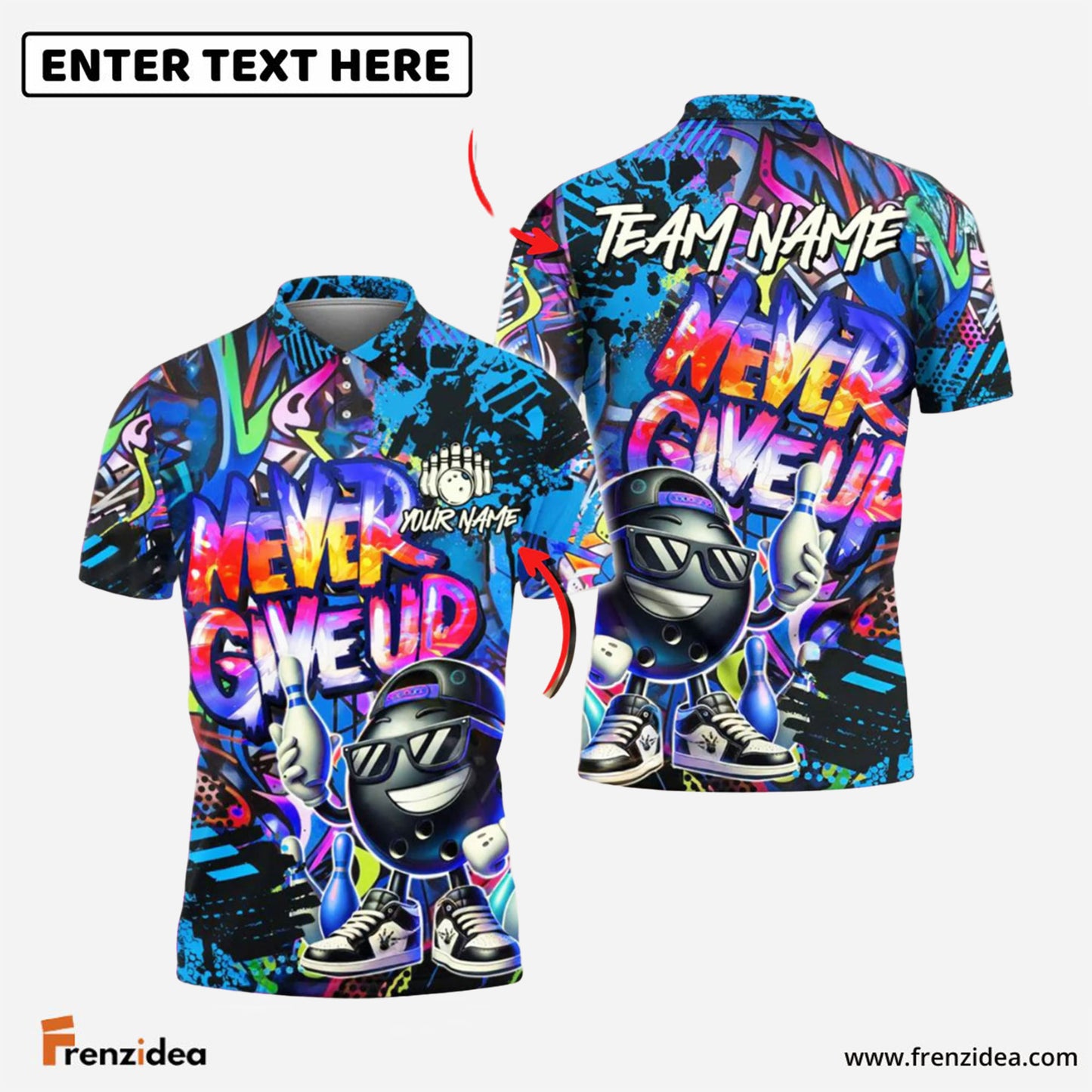 Frenzidea Bowling And Pins Funny Never Give Up Graffiti Pattern Customized Name, Team Name 3D Shirt (4 Colors)