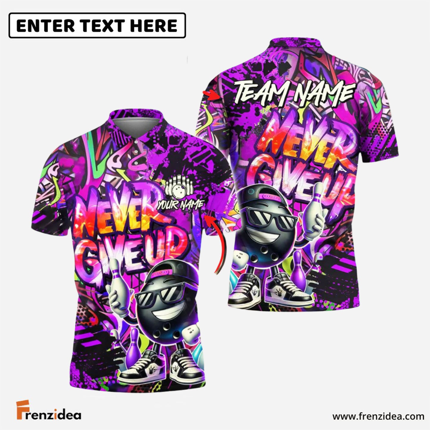 Frenzidea Bowling And Pins Funny Never Give Up Graffiti Pattern Customized Name, Team Name 3D Shirt (4 Colors)