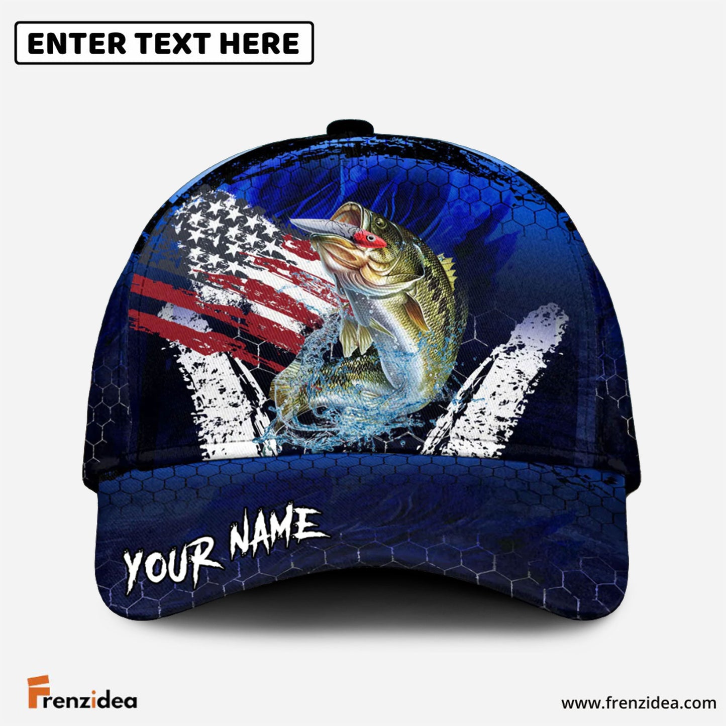 Frenzidea Bass Fishing Dark Blue Scratch American Flag Personalized Cap