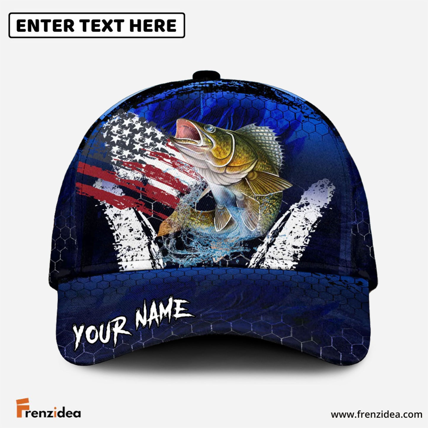 Frenzidea Walleye Fishing Dark Blue Scratch American Flag Personalized Cap