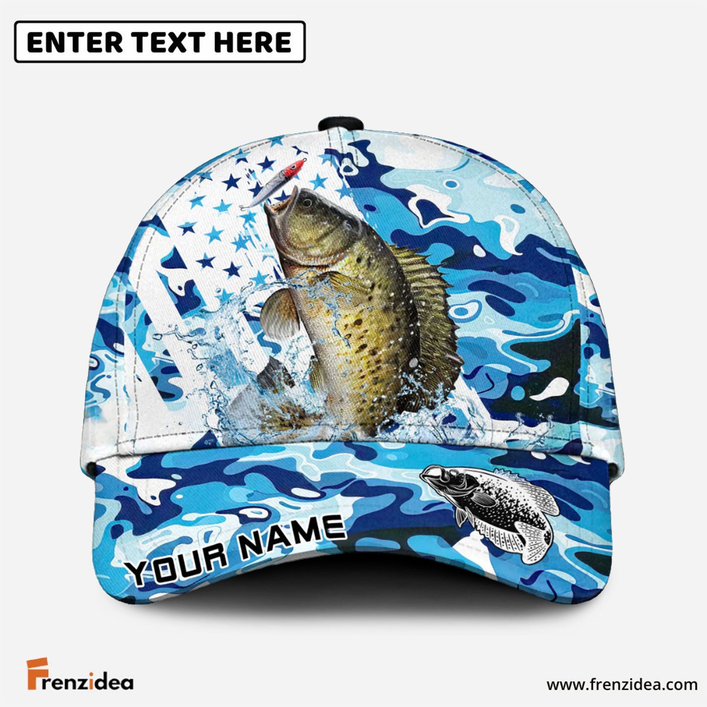 Frenzidea Crappie Fishing Blue White American Flag Personalized Cap