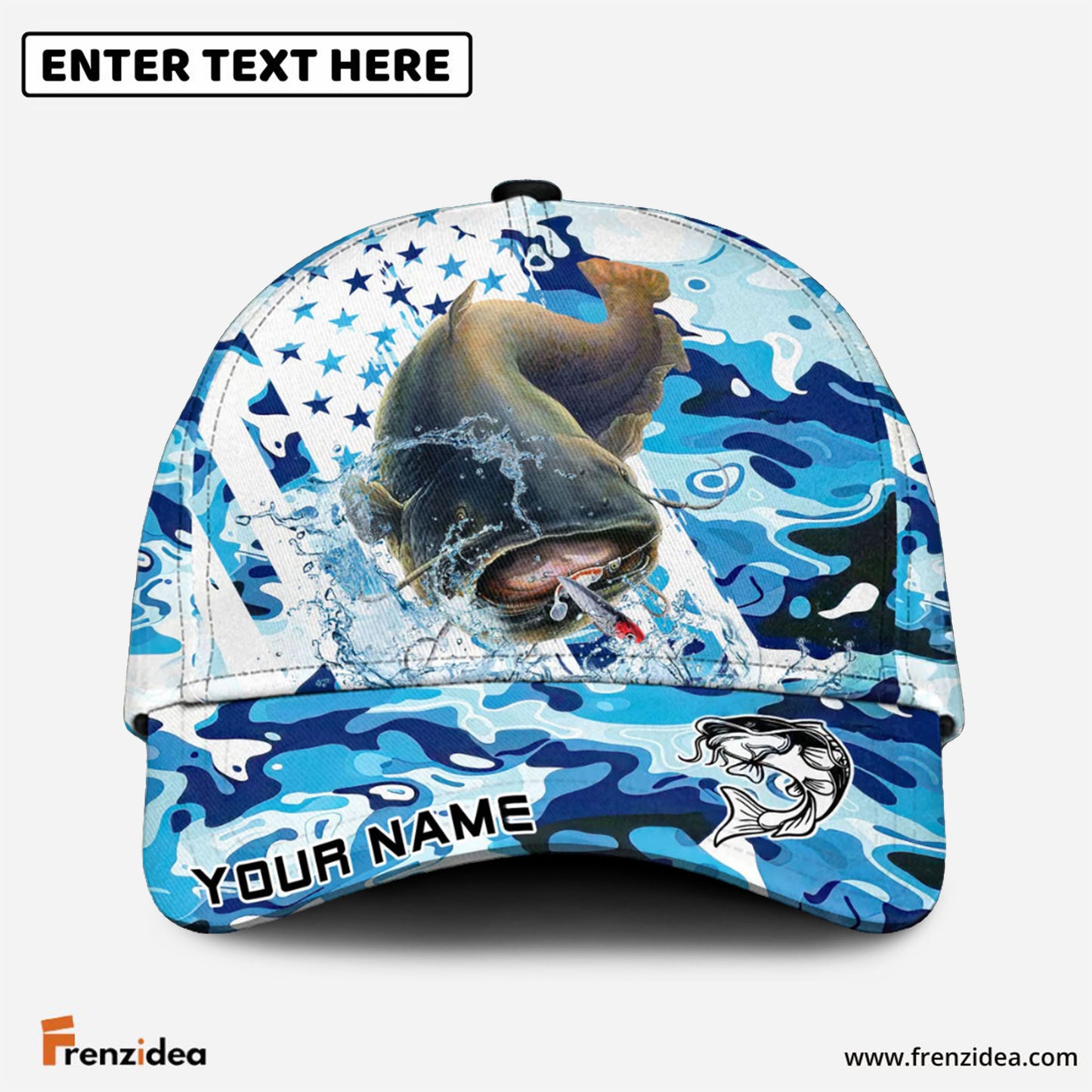 Frenzidea Catfish Fishing Blue White American Flag Personalized Cap